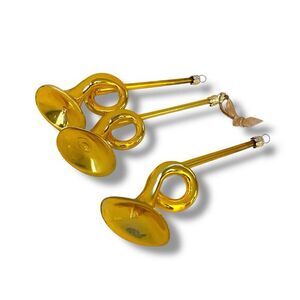 Vintage 1950's Slovakia Set Of 3 Gold Mercury Glass French Horn Ornaments